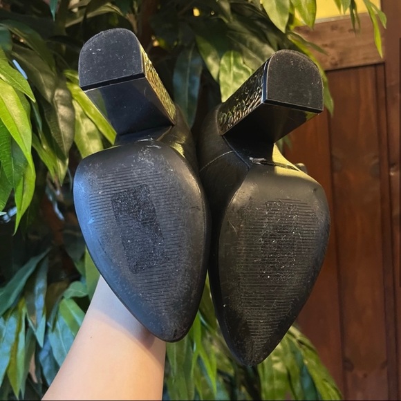 Qupid Black Faux Leather Ankle Sock Booties w/ Gold Block Heels - Picture 3 of 4